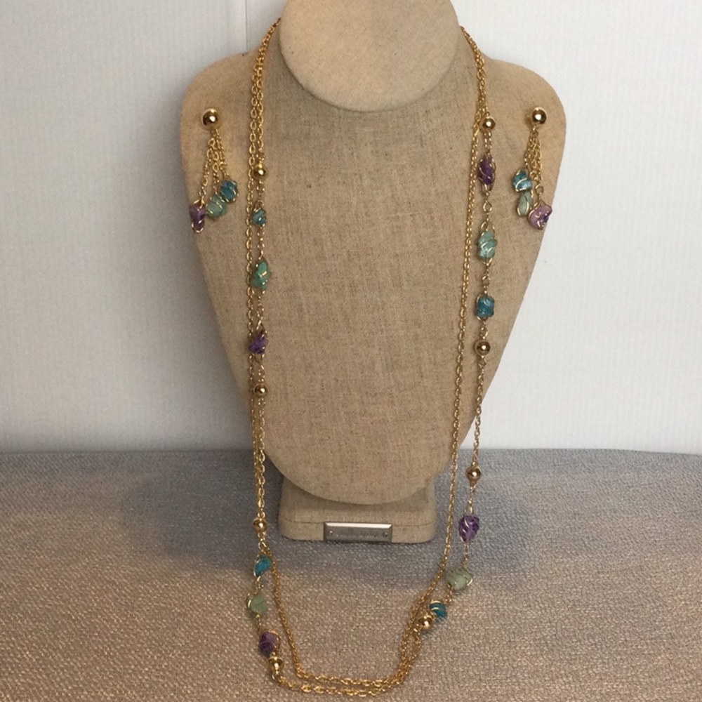 Goldtone Stone Necklace/ Earrings Set